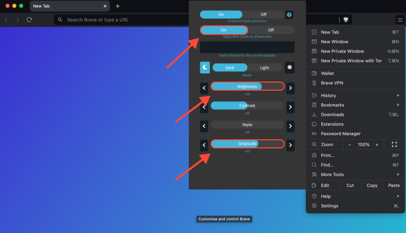 Como ativar o modo escuro no navegador Brave usando a extensão do modo escuro