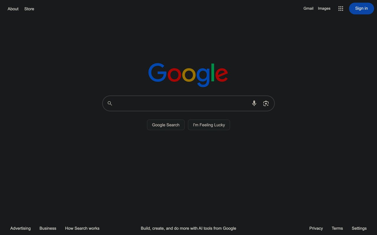 The same Google homepage turned dark by the Dark Mode extension