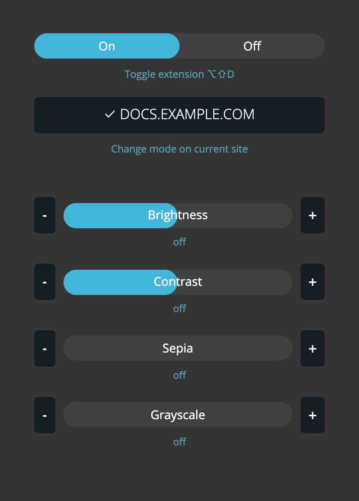 Dark Mode extension popup: On/Off switch, per-site toggle, Brightness, Contrast, Sepia and Grayscale sliders